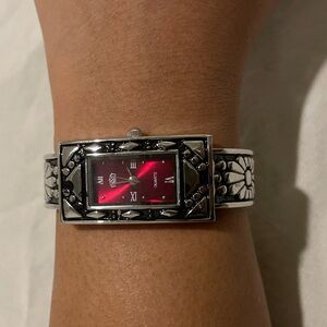 Unique Fussy Silver Watch with Flower Detailing & Red Watch-face